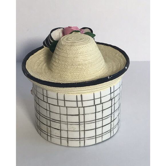 Vintage Women's Hat Ceramic Trinket Box Artisan Flair Pink Rose Bow Novelty - Picture 3 of 12